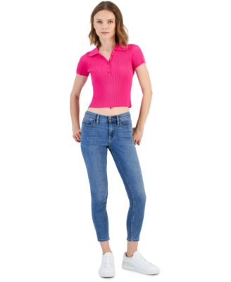 Petite Ribbed Polo Shirt High Rise Skinny Ankle Jeans