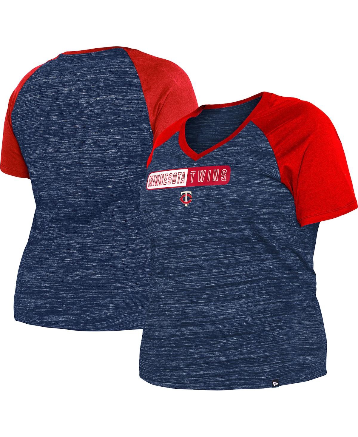NEW ERA WOMEN'S NEW ERA NAVY MINNESOTA TWINS PLUS SIZE SPACE DYE RAGLAN V-NECK T-SHIRT 