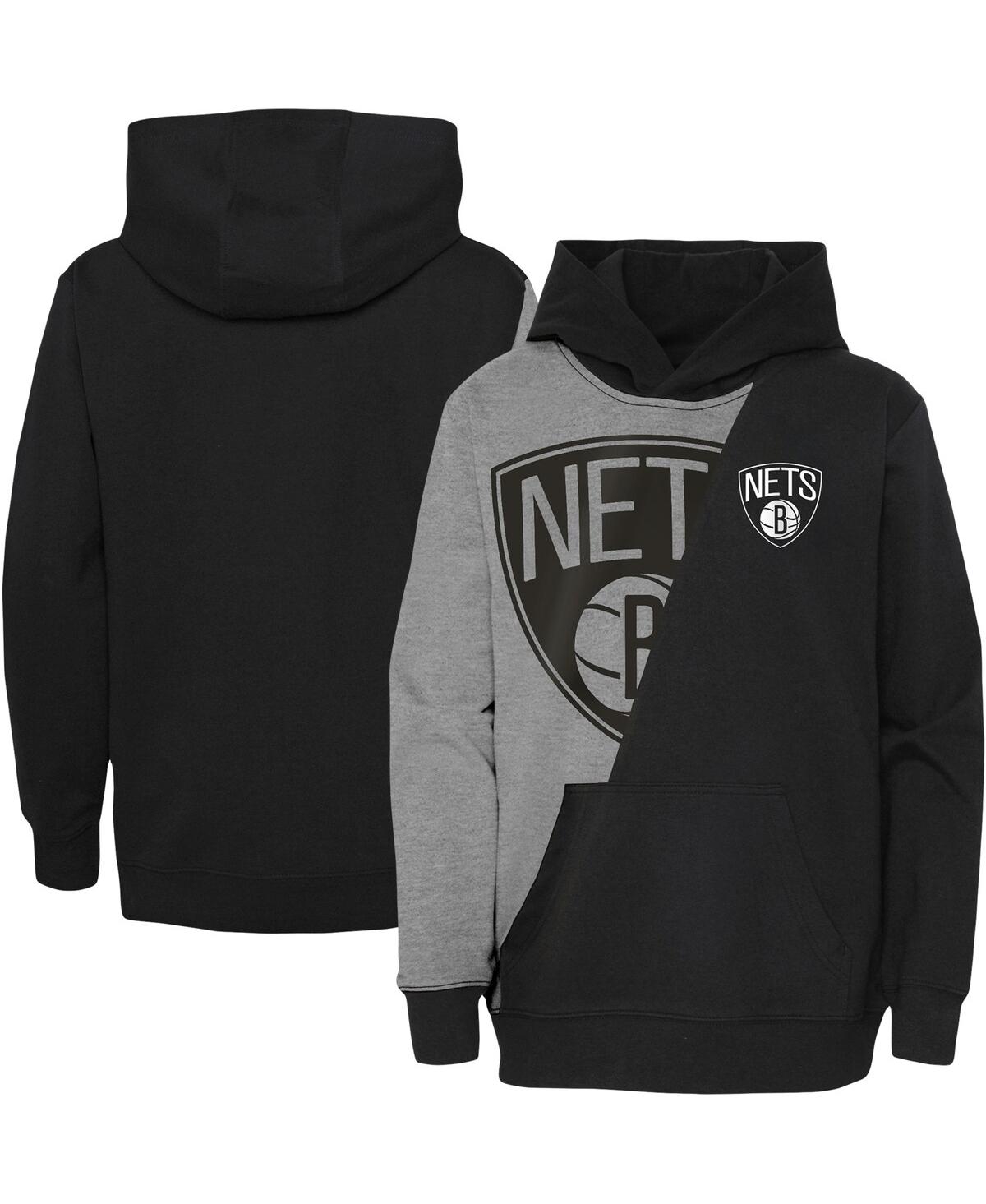 Outerstuff Kids' Big Boys And Girls Heather Gray, Black Brooklyn Nets Unrivaled Split Pullover Hoodie In Heather Gray,black