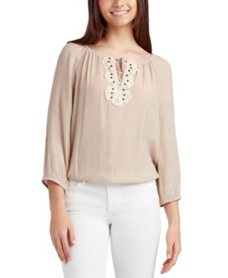 BCX - Juniors' Crochet-Trim Lace-Up Peasant Top