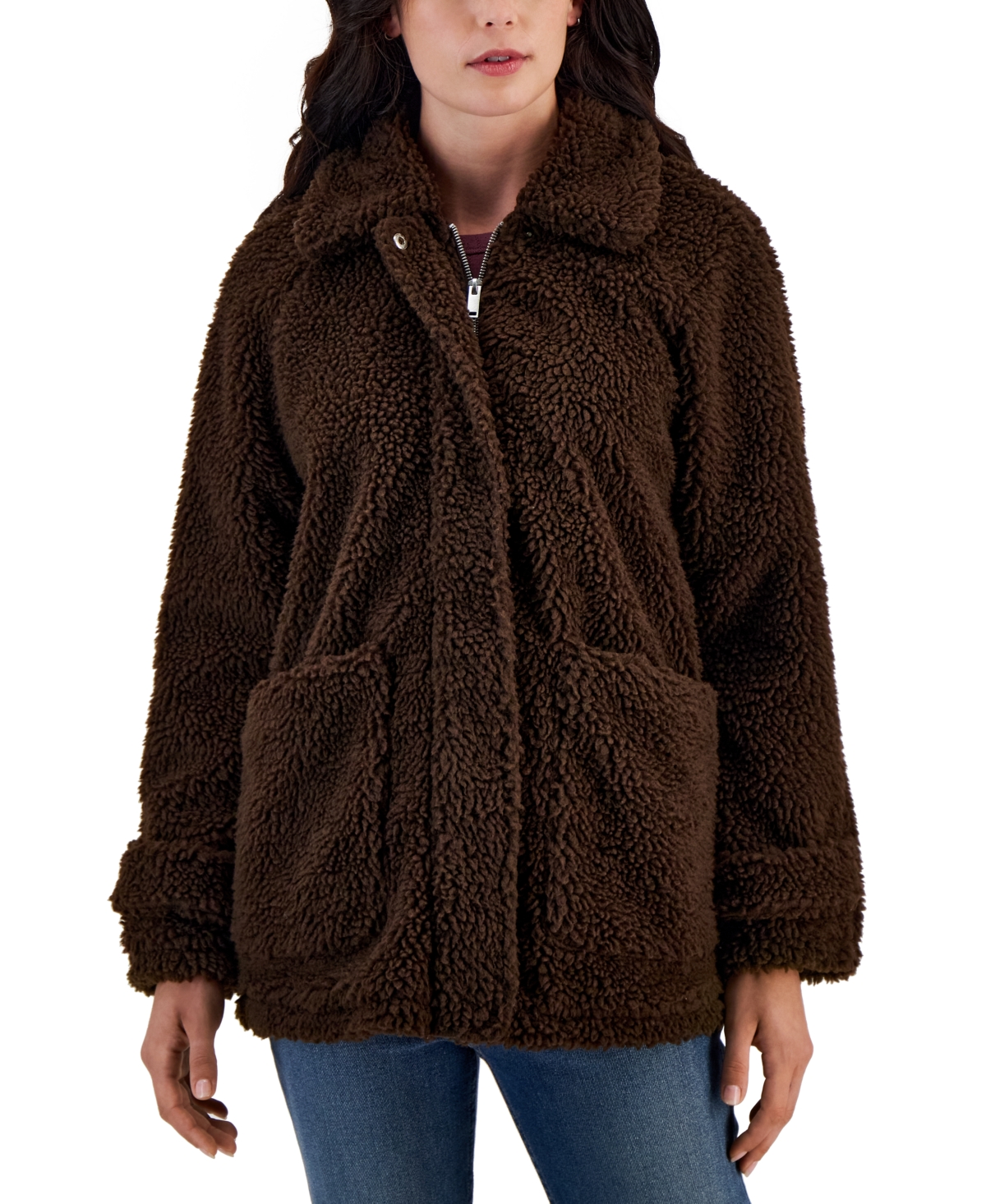 Coffeeshop Juniors' Collared Zip-front Fleece Coat In Chocolate