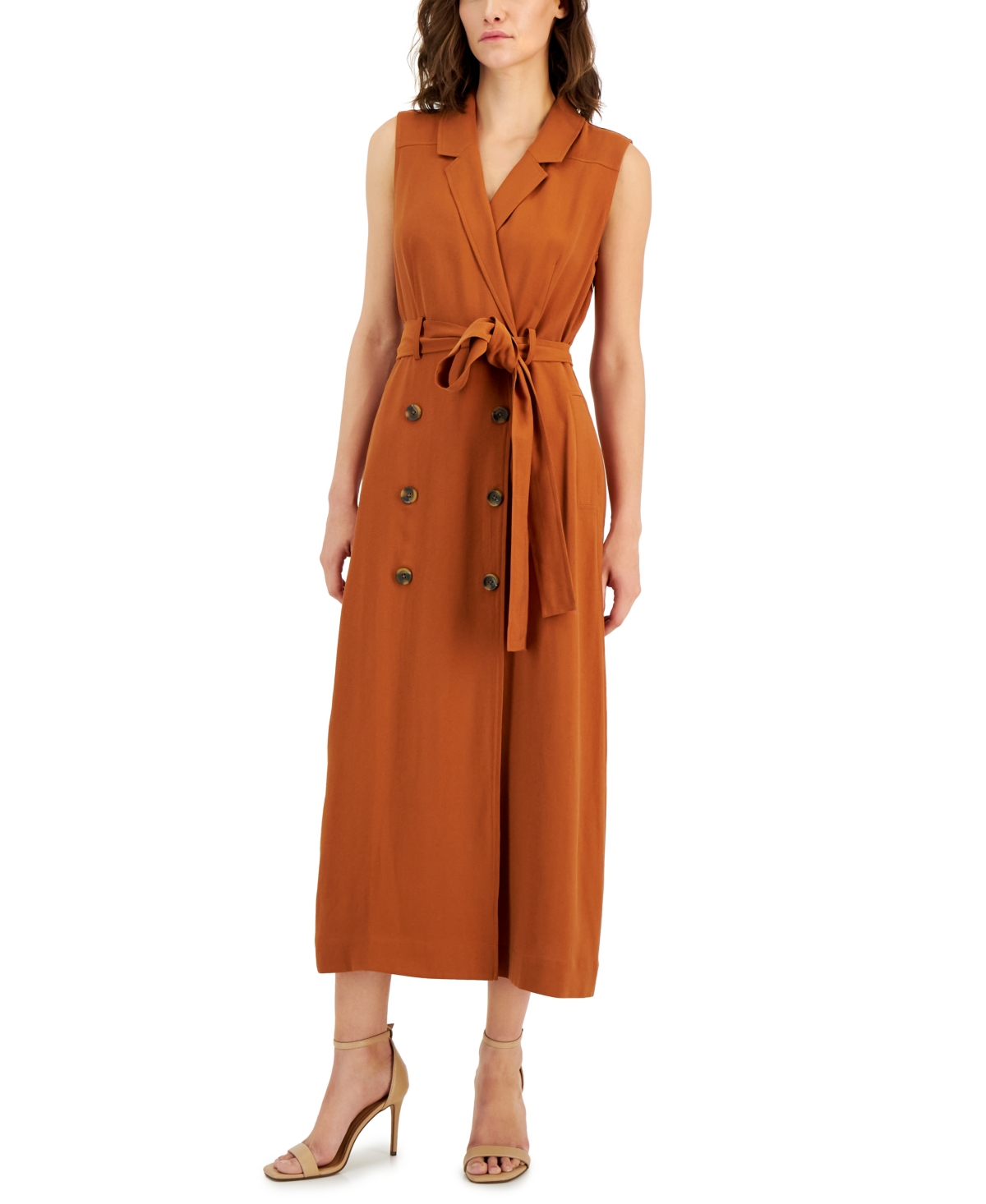 Anne Klein Women's Sleeveless Double-breasted Trench Maxi Dress In Chestnut