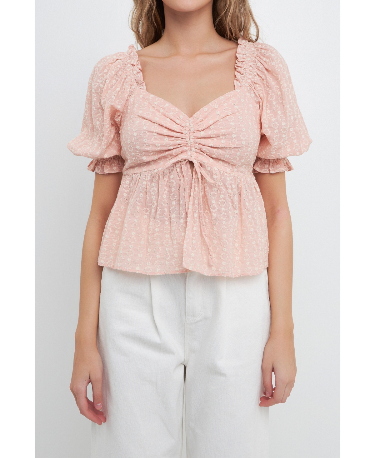 Women's Embroidered SweetHeart Top with Puff Sleeves - Pink