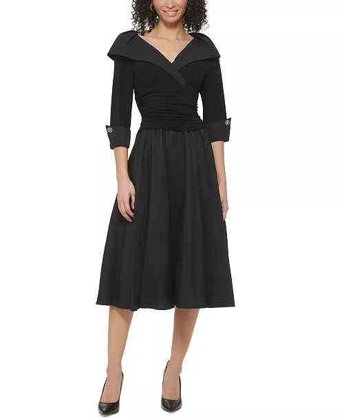 petite 3/4-sleeve portrait-collar fit & flare dress