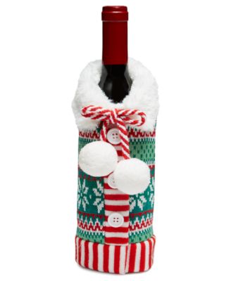 Holiday Lane - Christmas Cheer Fabric Green Knit with Pom Pom Bottle Cover