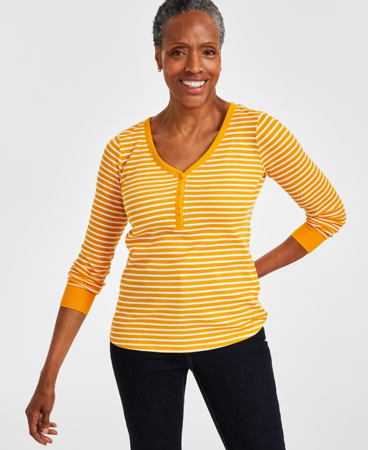 Style & Co Plus Size Striped Waffle-knit Henley Top, Created For Macy's In Yellow Stripe