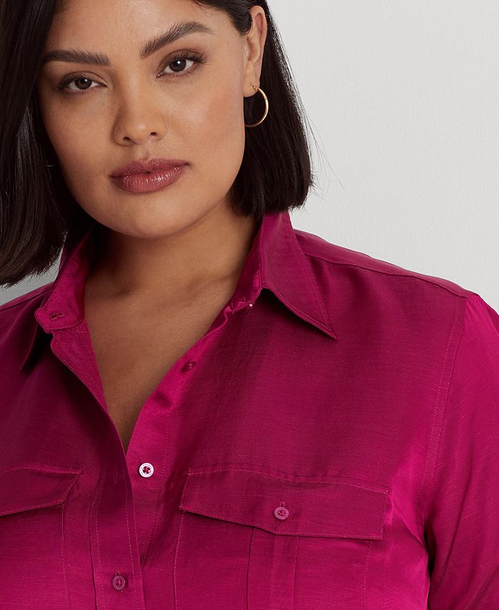 Lauren Ralph Lauren Plus Size Satin Long Sleeve Buttoned Top & Reviews