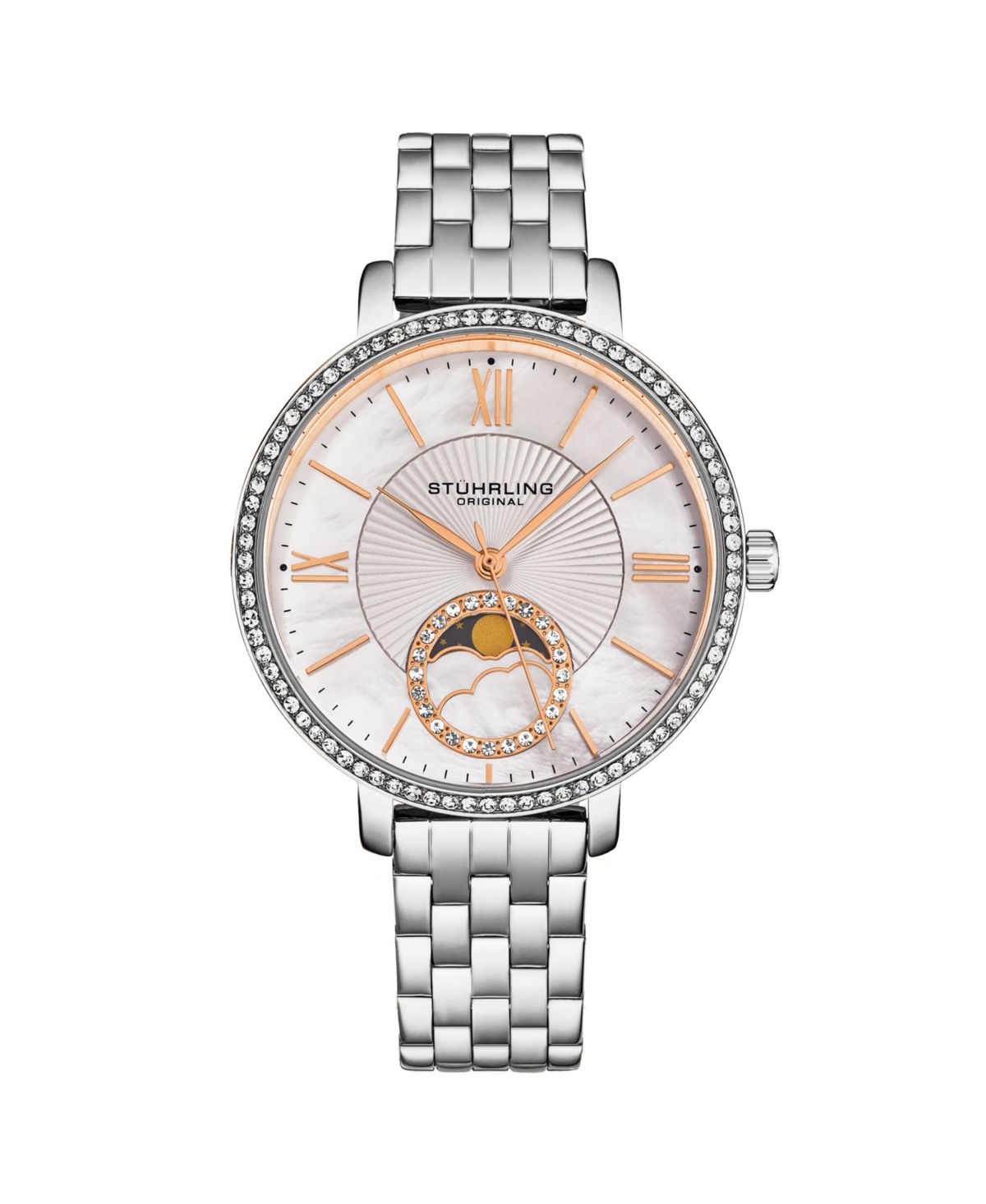 Женские кварцевые часы Moonphase с корпусом из серебряного сплава и серебряным браслетом SS Link. Безель, украшенный кристаллами, Белый циферблат с перламутром