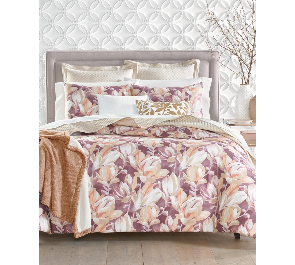 Charter Club Damask Designs Magnolia Cotton 3-pc. Duvet Cover Set, Full/queen, Created For Macy's In Purple