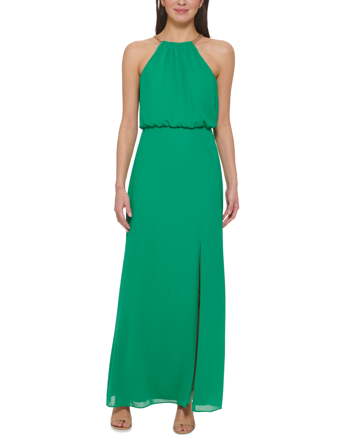 Vince Camuto Women's Chain-trim Blouson Halter Gown In Green | ModeSens