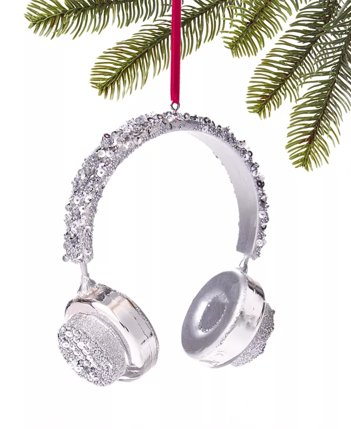 Retro Holiday Silver Glitter Headphones Ornament