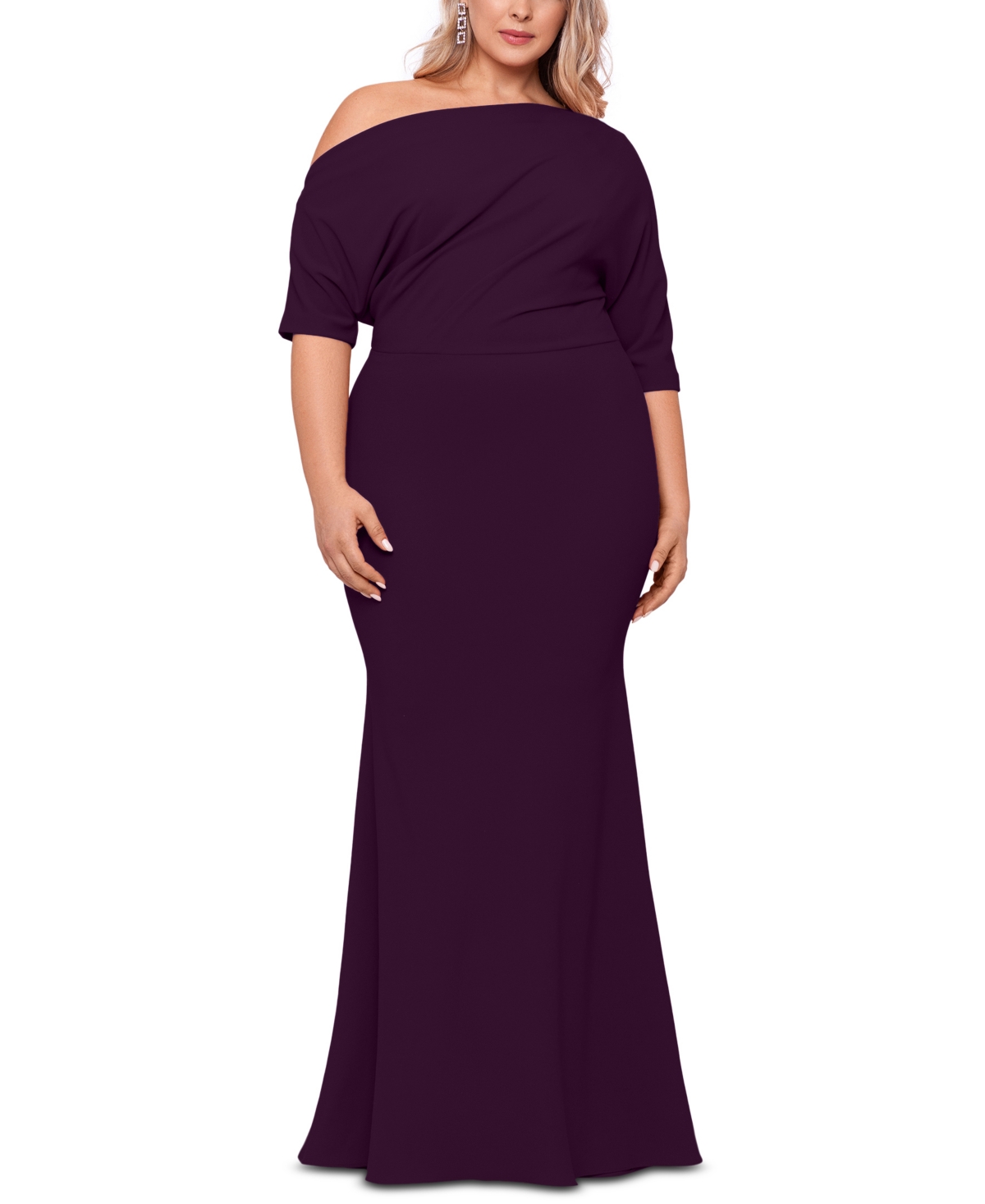 Betsy & Adam Plus Size Off-the-shoulder Scuba Gown In Mulberry