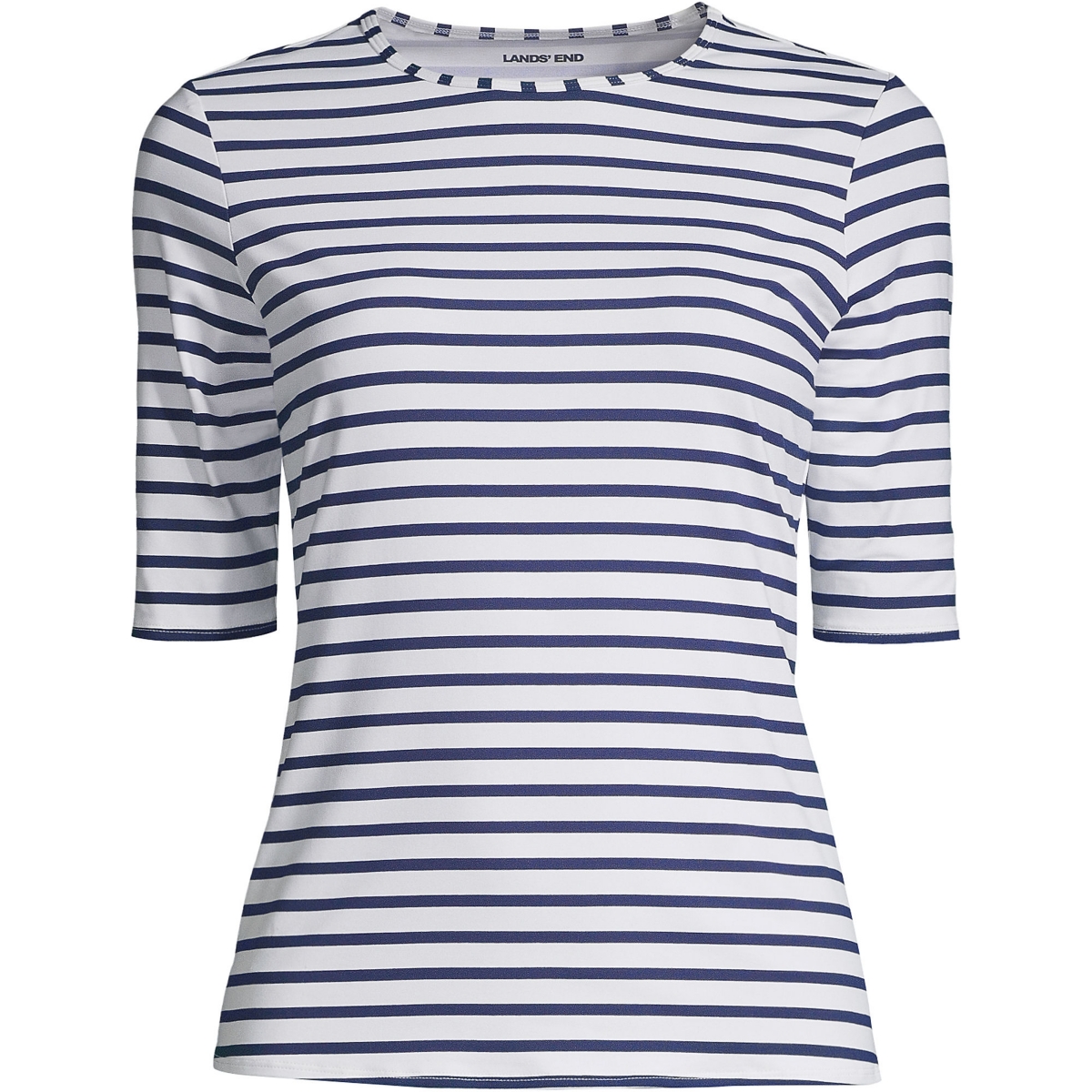 Lands' End Petite Crew Neck Guard Upf 50 Sun Protection Swim Tee -deep sea stripe