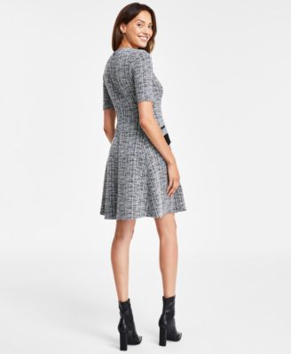 Short Sleeve Zipper Flap-Pocket A-line Tweed Dress