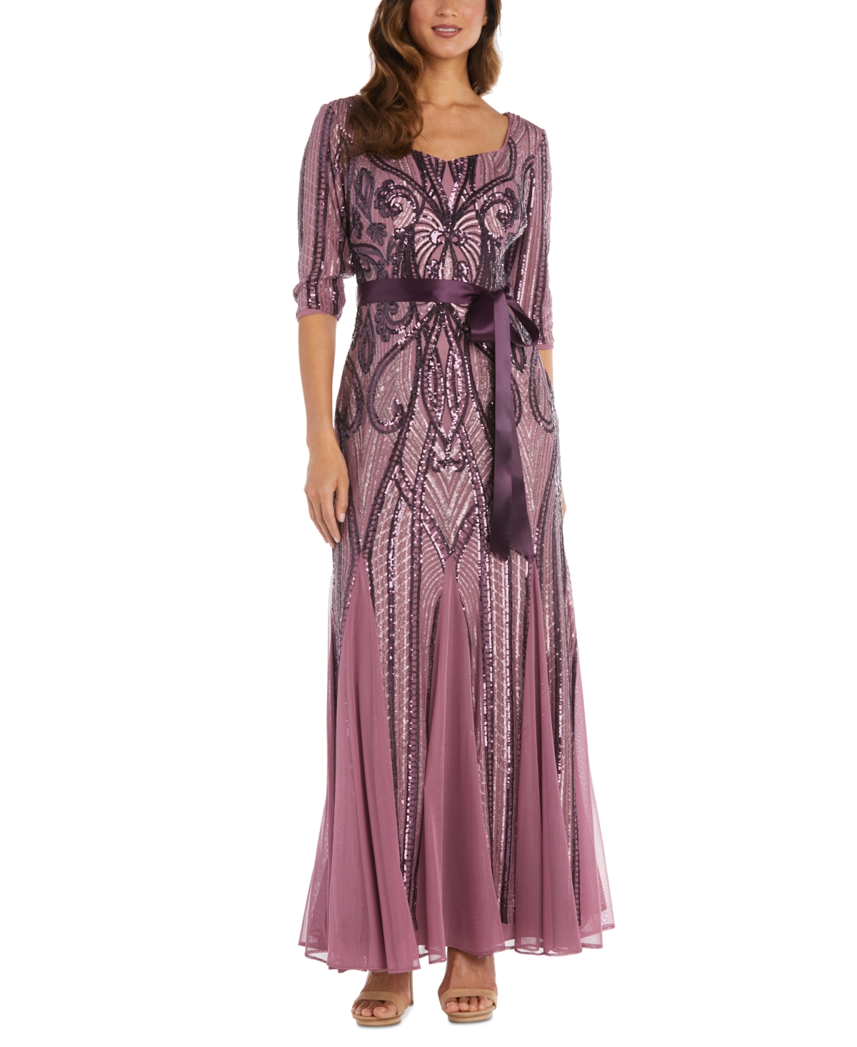 R & M Richards Women's Sequinned Long Fit & Flare Dress In Rose