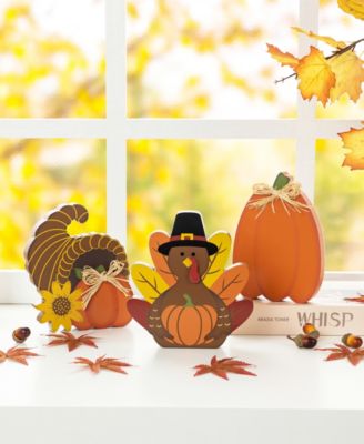 7" H Set of 3 Thanksgiving Wooden Pumpkin, Turkey Cornucopia Table D&eacute;cor