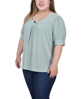 Plus Size Short Balloon Sleeve Top with Hardware