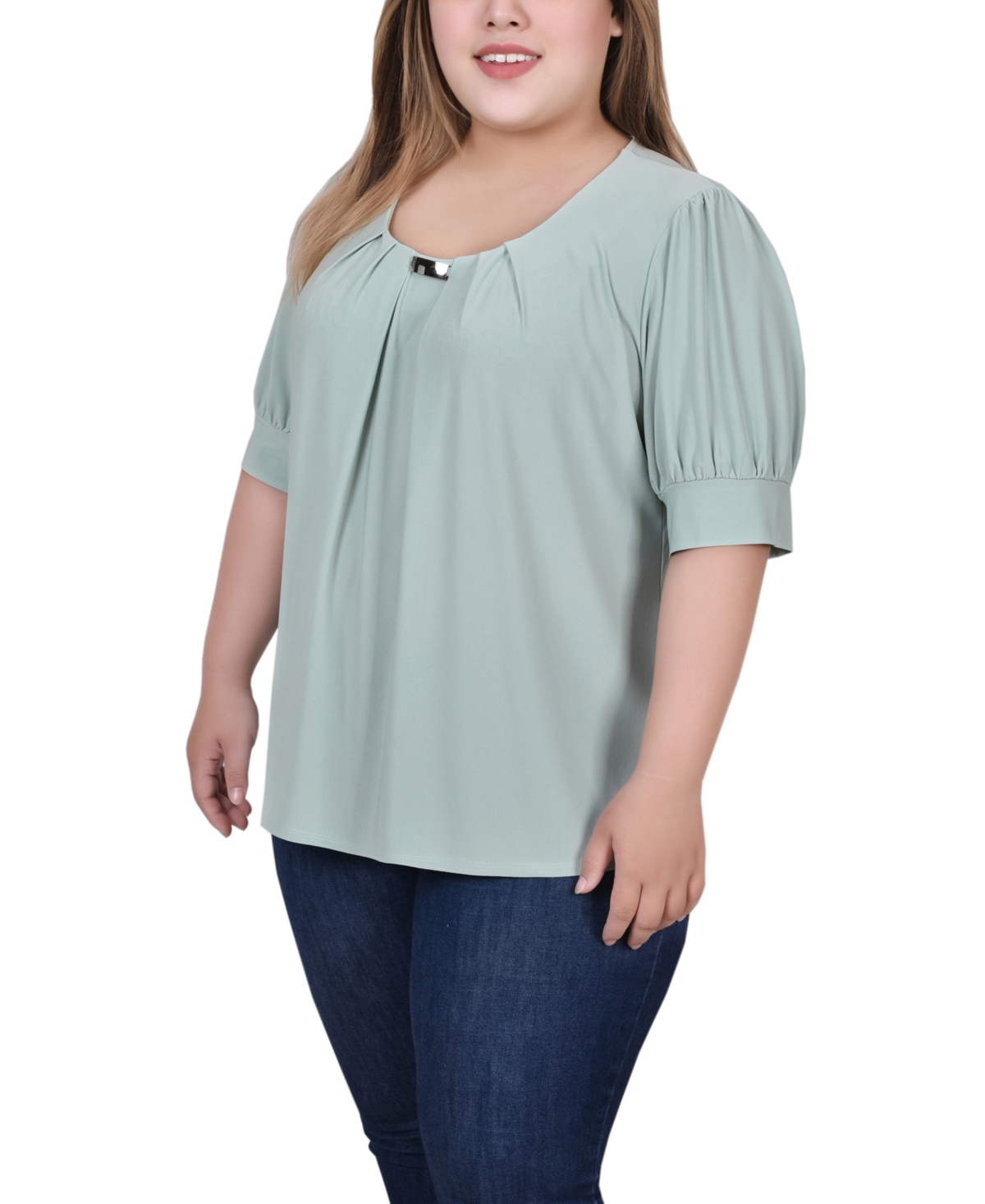 Ny Collection Plus Size Short Balloon Sleeve Top with Hardware