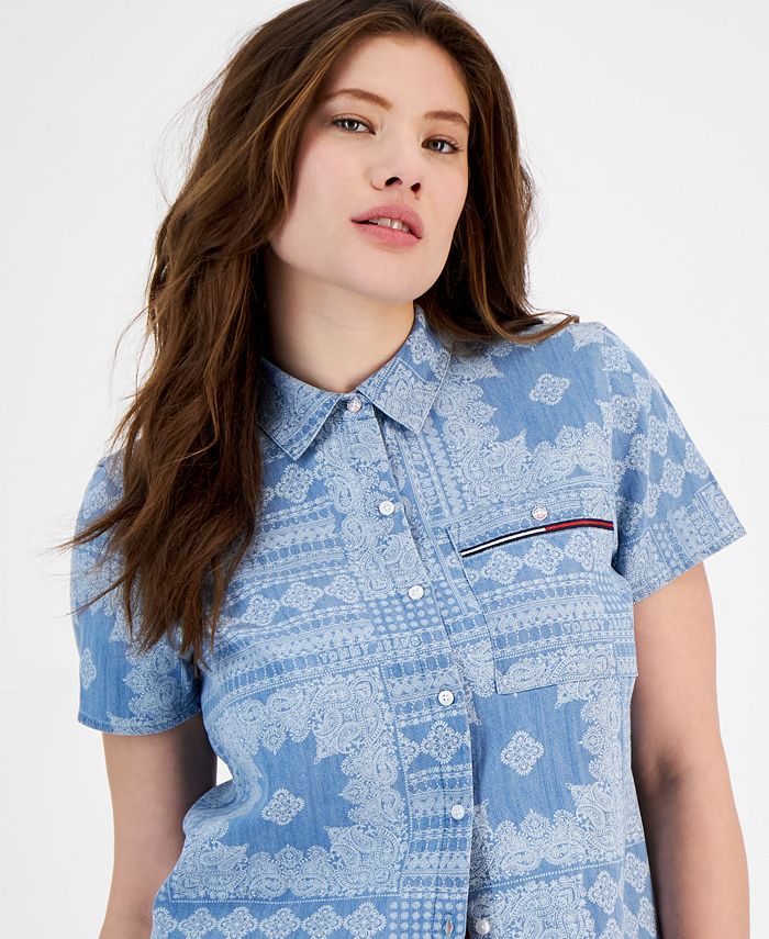 Tommy Jeans Women's ShortSleeved BandanaPrint Chambray Shirt Macy's