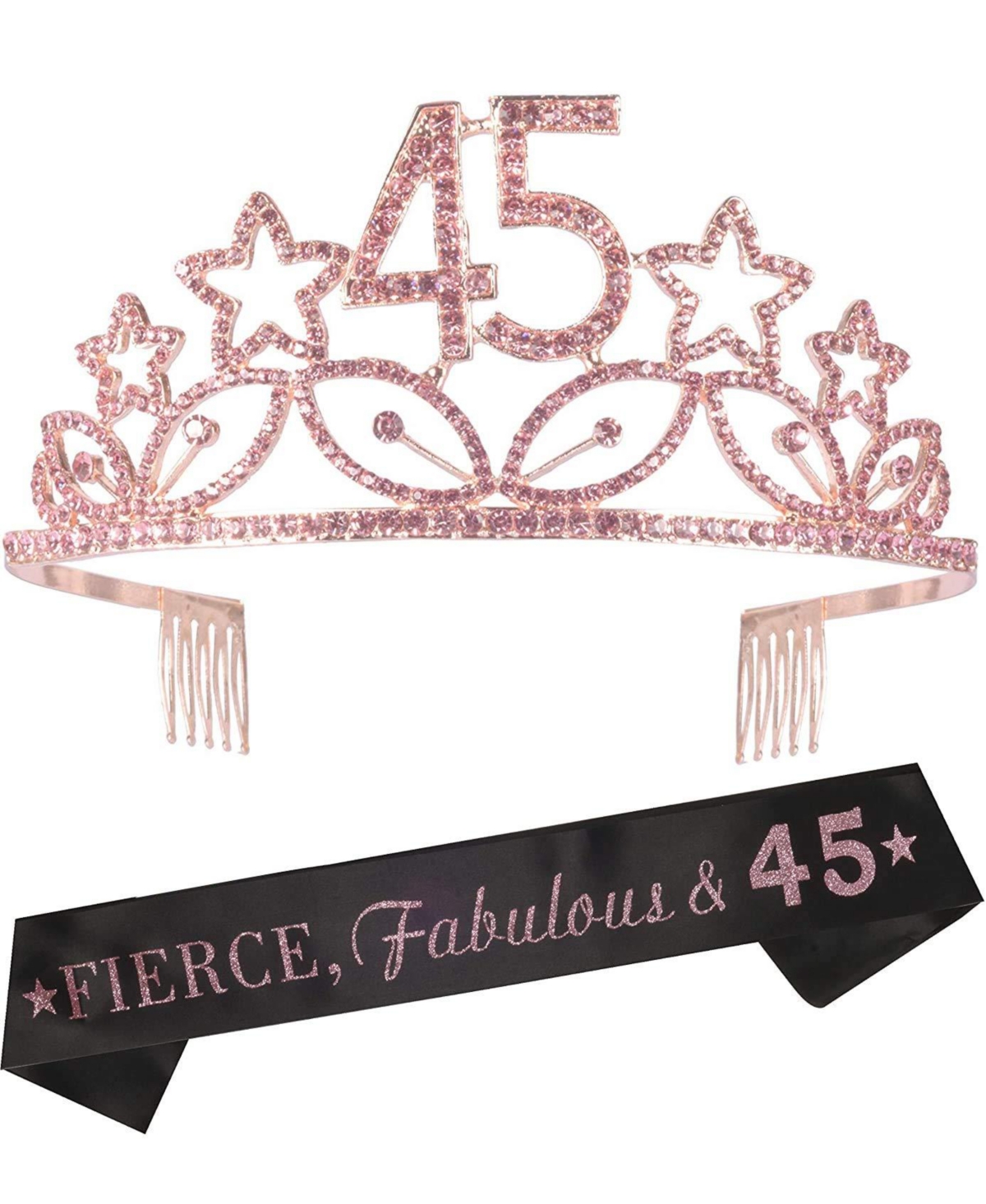 45th Birthday Sash and Tiara for Women - Fabulous Glitter Sash + Stars Rhinestone Pink Premium Metal Tiara for Her, 45th Birthday Gifts for 45 Party -