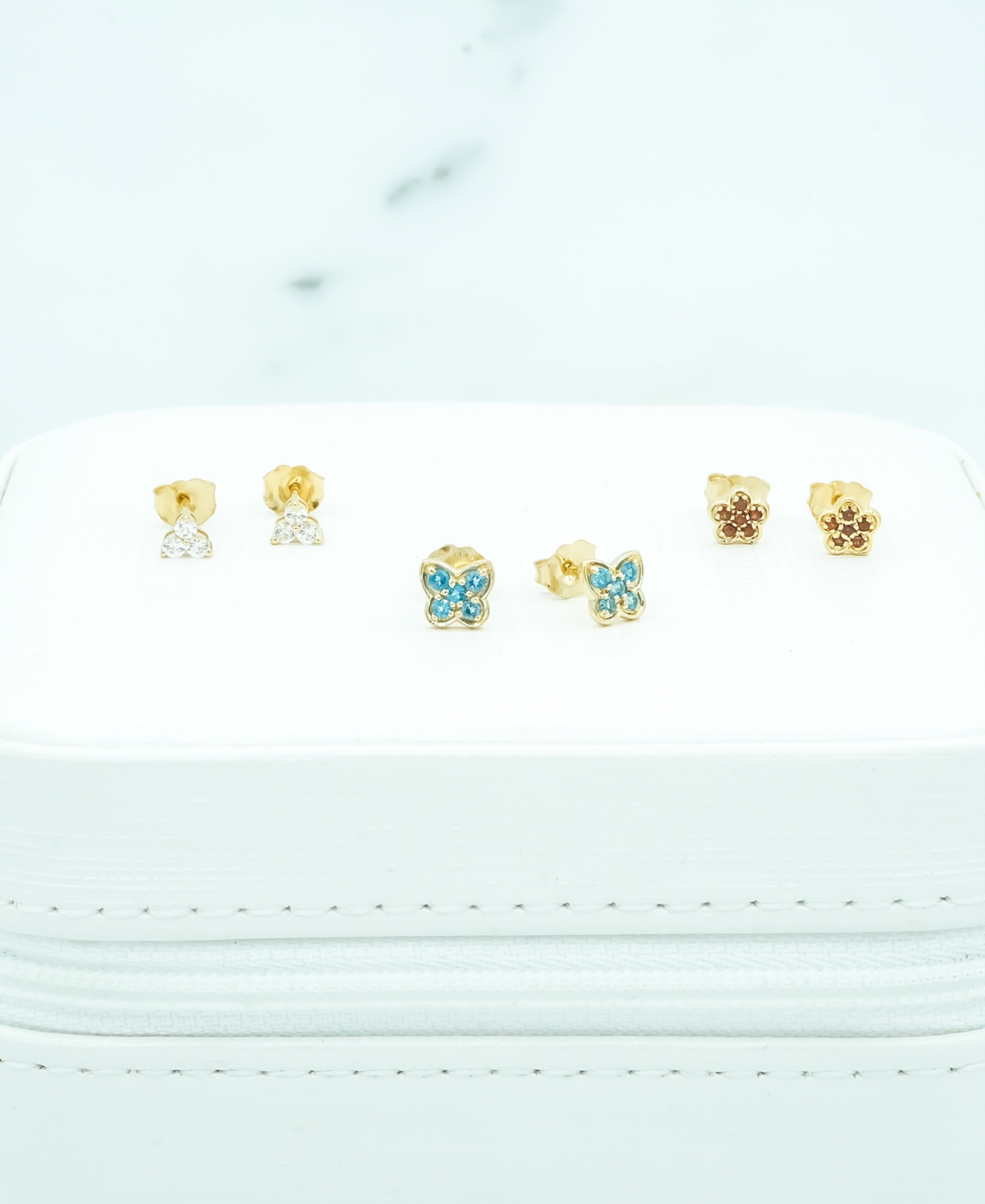 3-Pc. Set London Blue Topaz (1/3 ct. t.w.), Lab-grown White Sapphire (1/3 ct. t.w.) & Garnet (1/4 ct. t.w.) Stud Earrings in 14k Gold-Plated Sterling