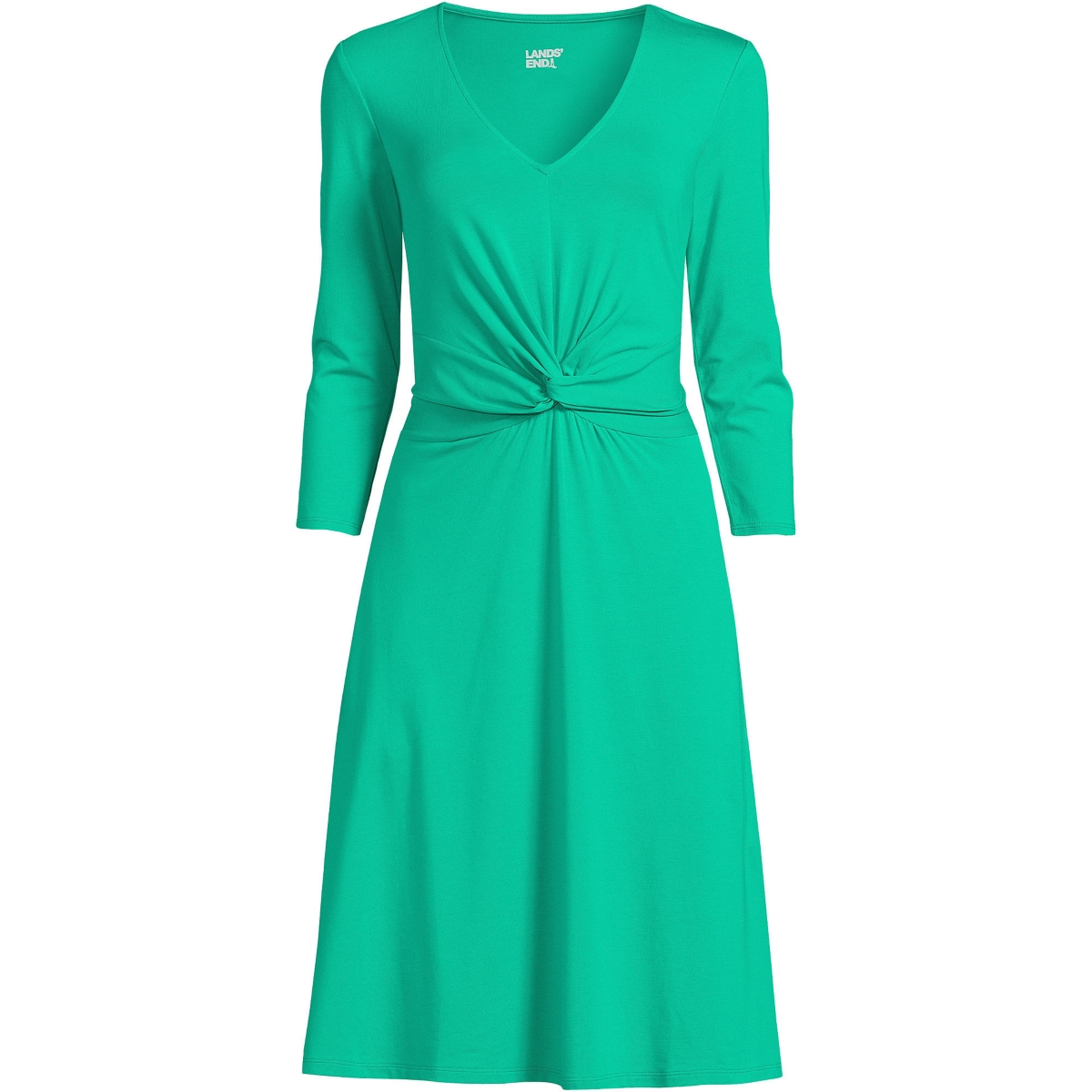 LANDS' END WOMEN'S TALL LIGHTWEIGHT COTTON MODAL 3/4 SLEEVE FIT AND FLARE V-NECK DRESS