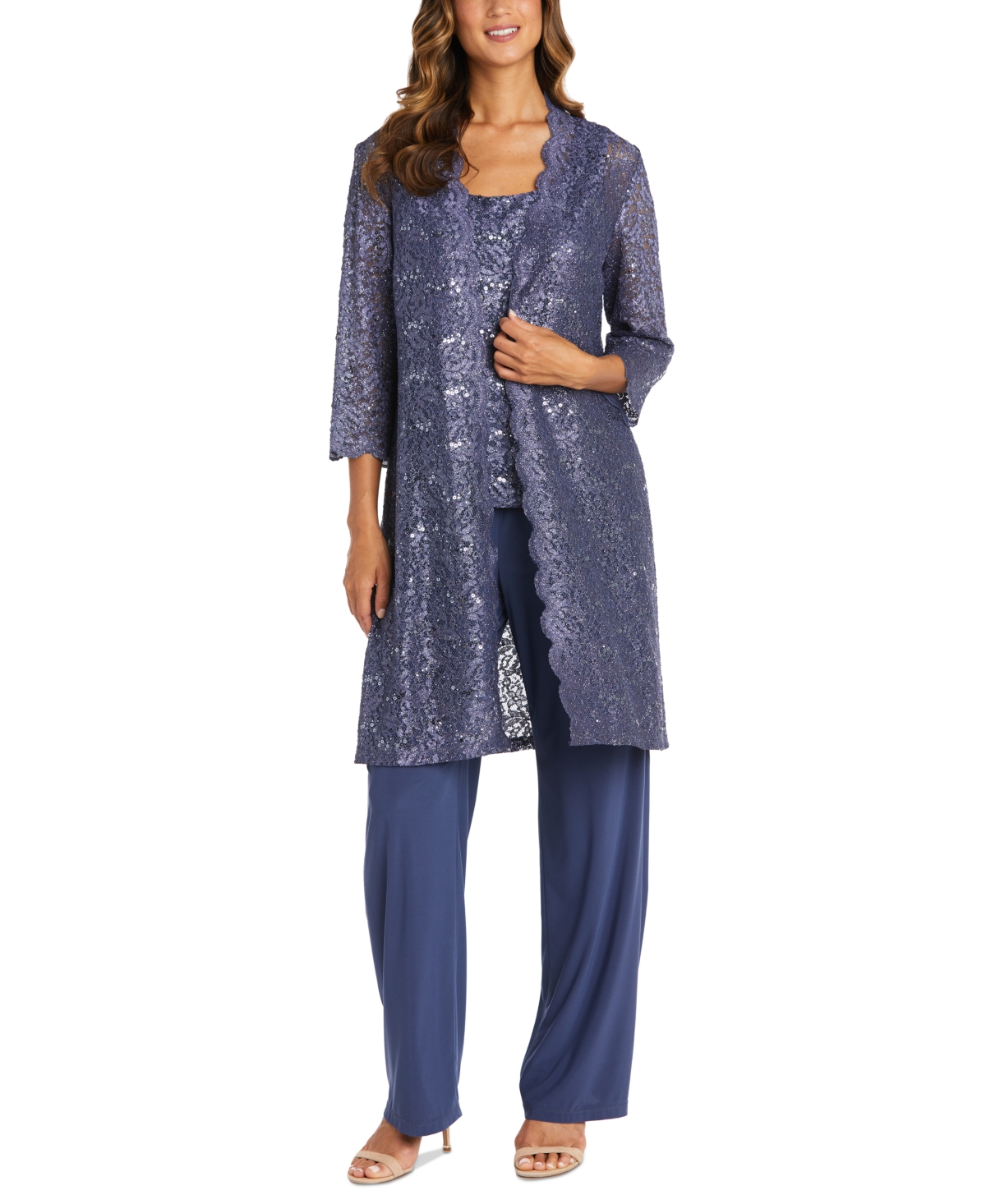 3-Pc. Sequined Lace Pantsuit & Jacket - Navy