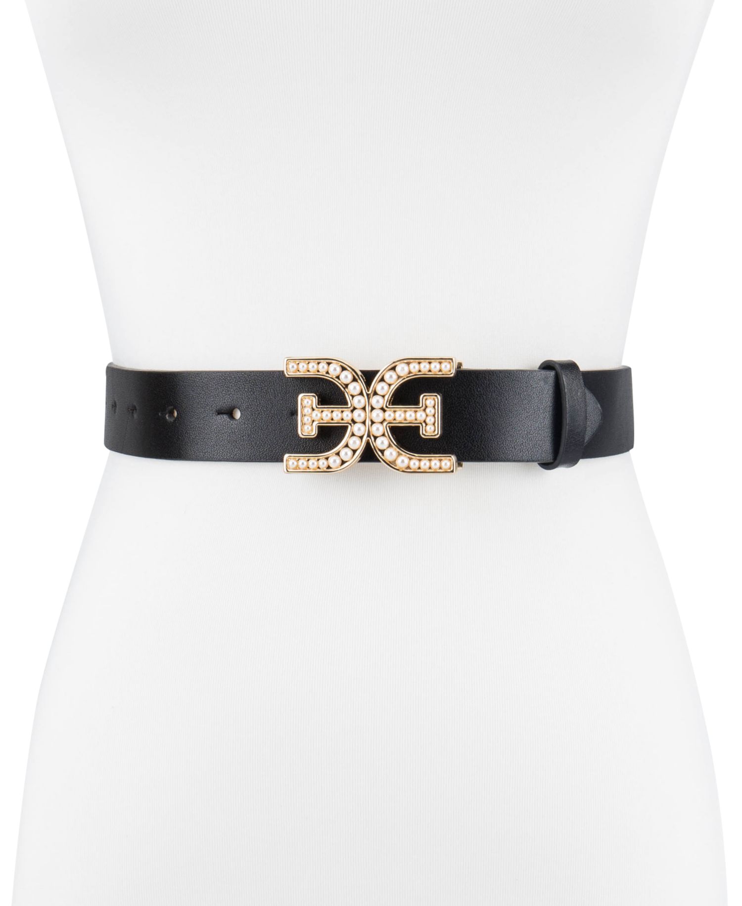 Women's Imitated Pearl Embellished Double-E Plaque Buckle Belt