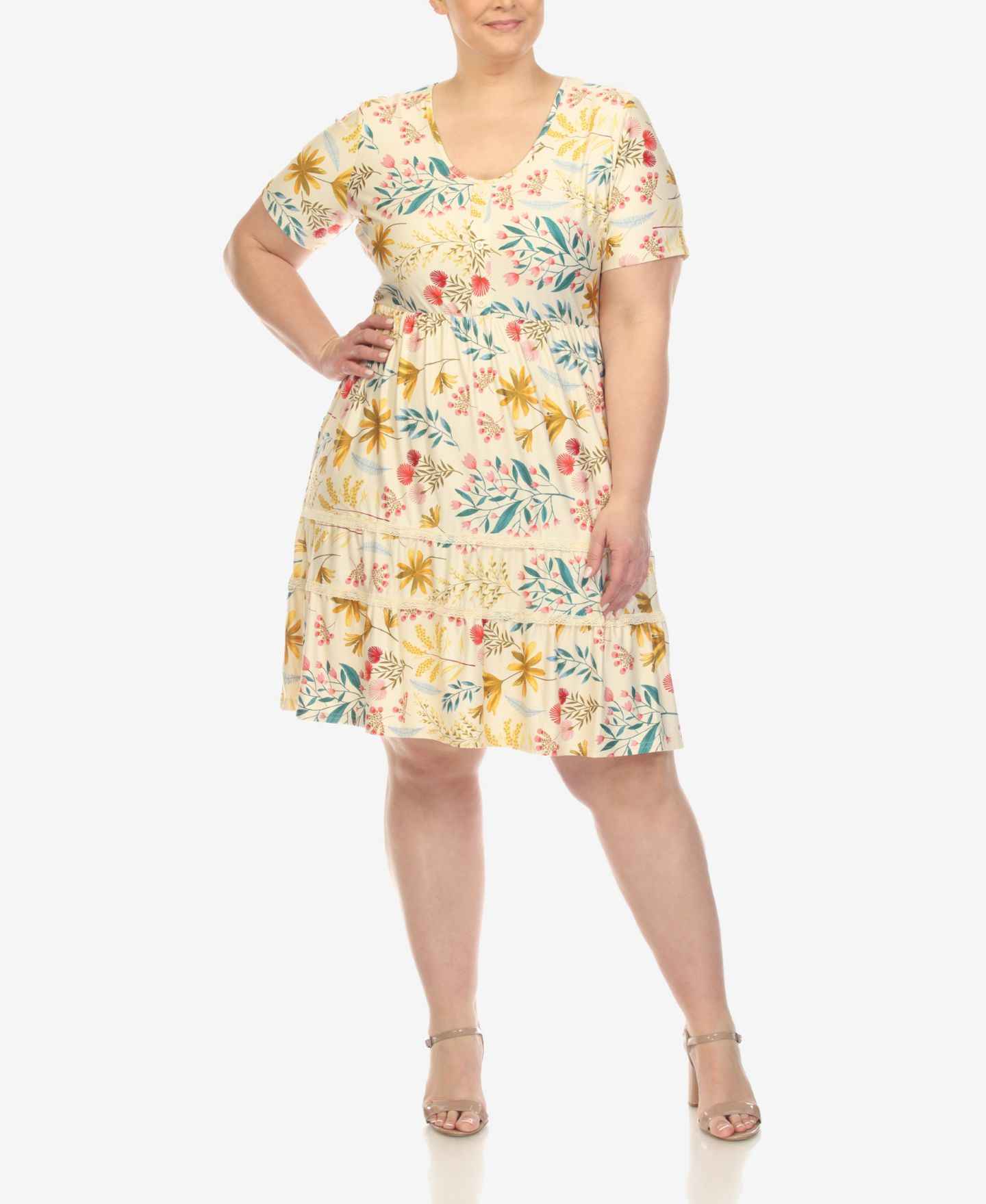 Женское платье White Mark Plus Size Floral Short Sleeve Knee Length, цвет: Бежевый — фото 1