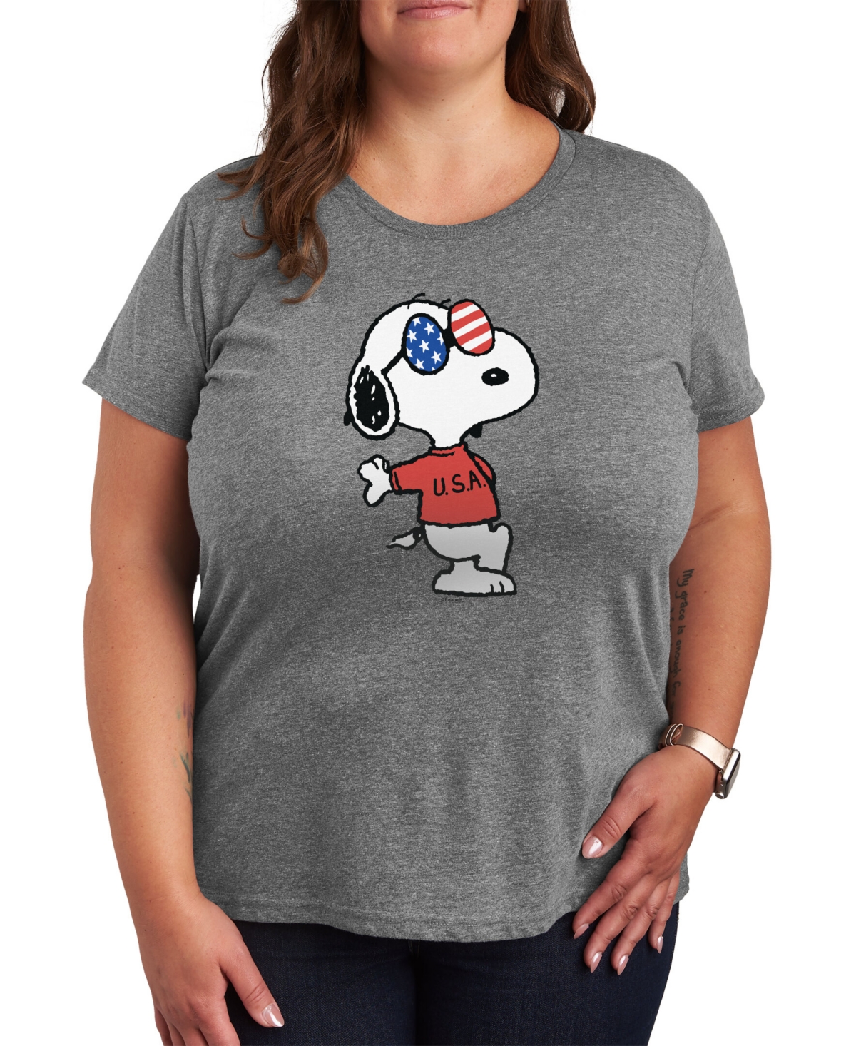 Air Waves Trendy Plus Size Peanuts Graphic T-shirt In Gray