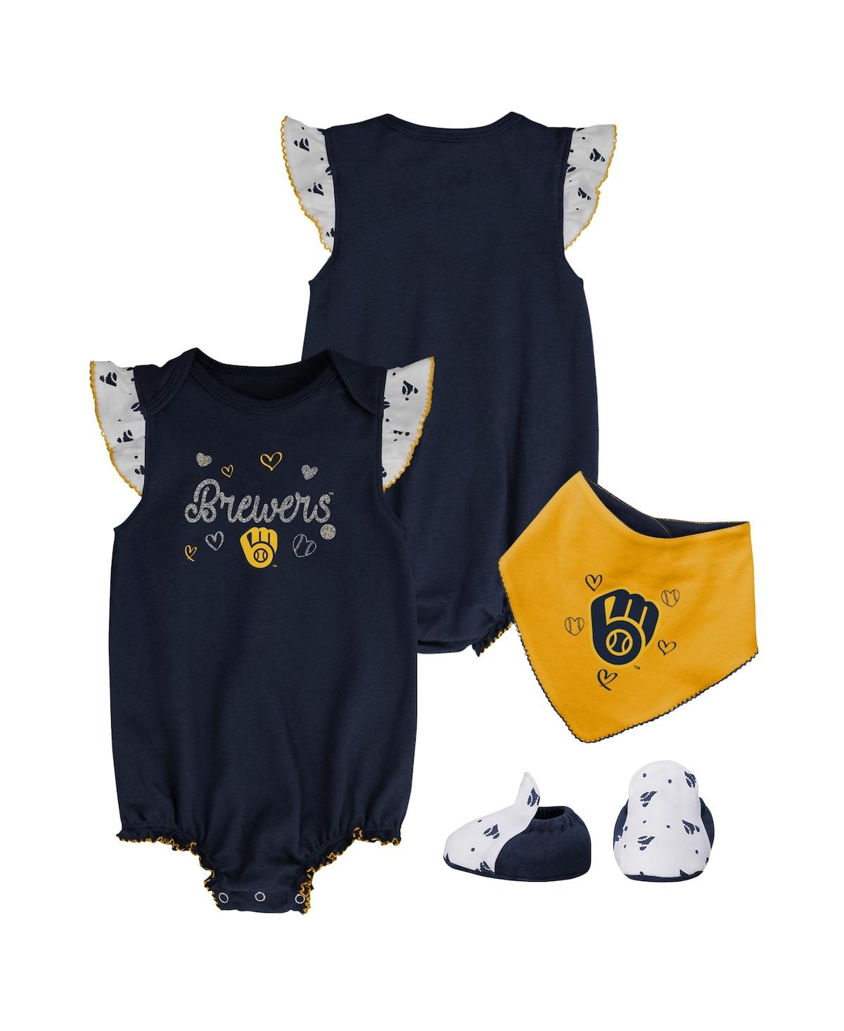 Shop Outerstuff Girls Newborn And Infant Navy Milwaukee Brewers 3-piece Home Plate Bodysuit, Bib And Booties Set