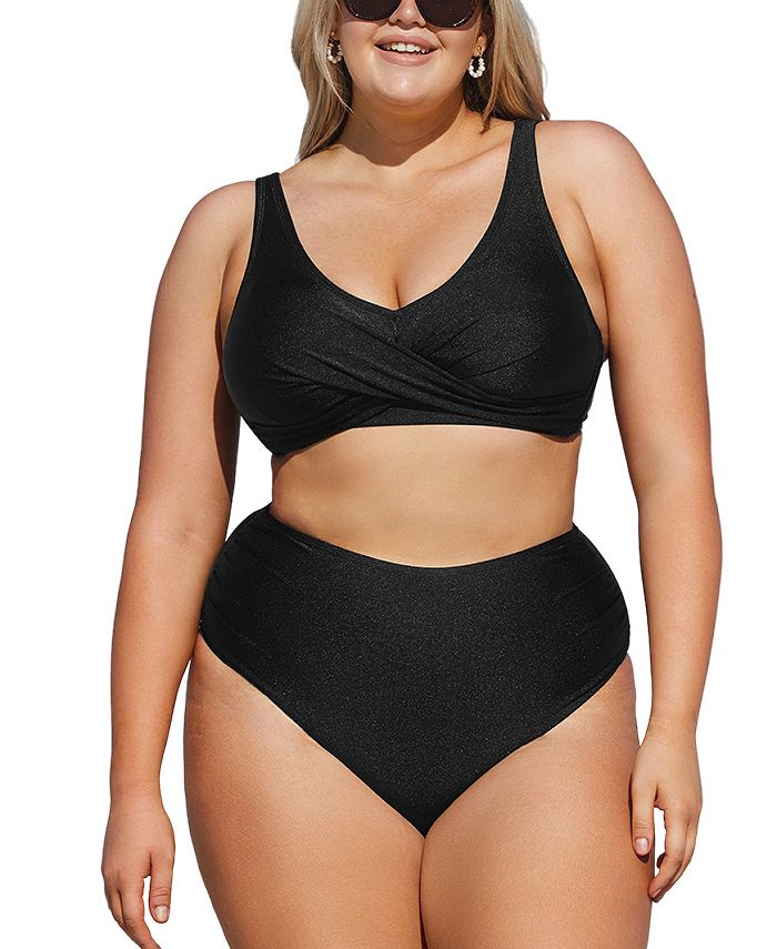 CUPSHE Women's Braelynn Black Wrap Bralette & Shirred High Waist Plus