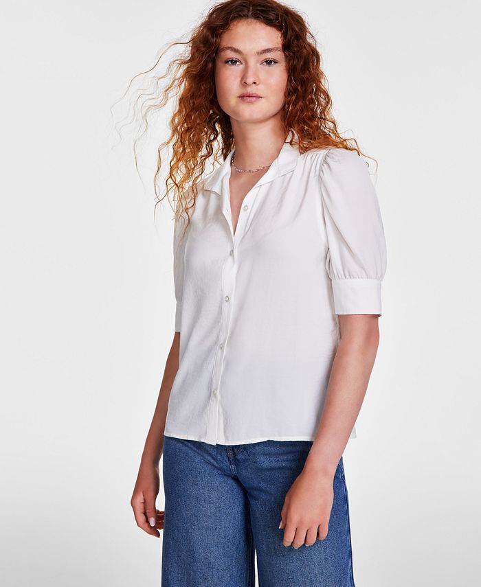 Women's Stand-Collar Charmeuse Puff-Sleeve Shirt