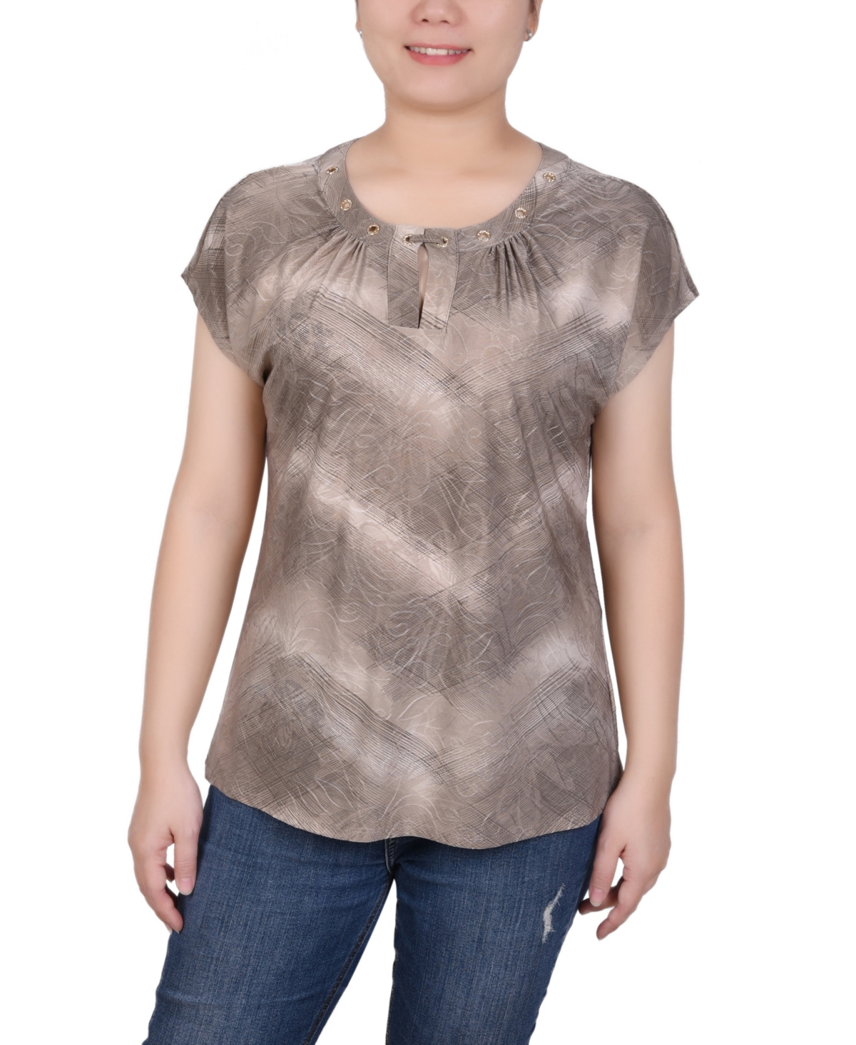 Ny Collection Petite Extended Short Sleeve Top With Grommets In Taupe Tiedye
