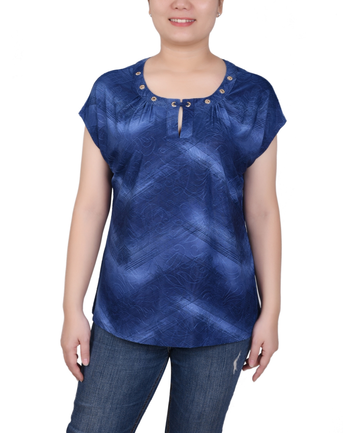 Ny Collection Petite Extended Short Sleeve Top With Grommets In Navy Tiedye