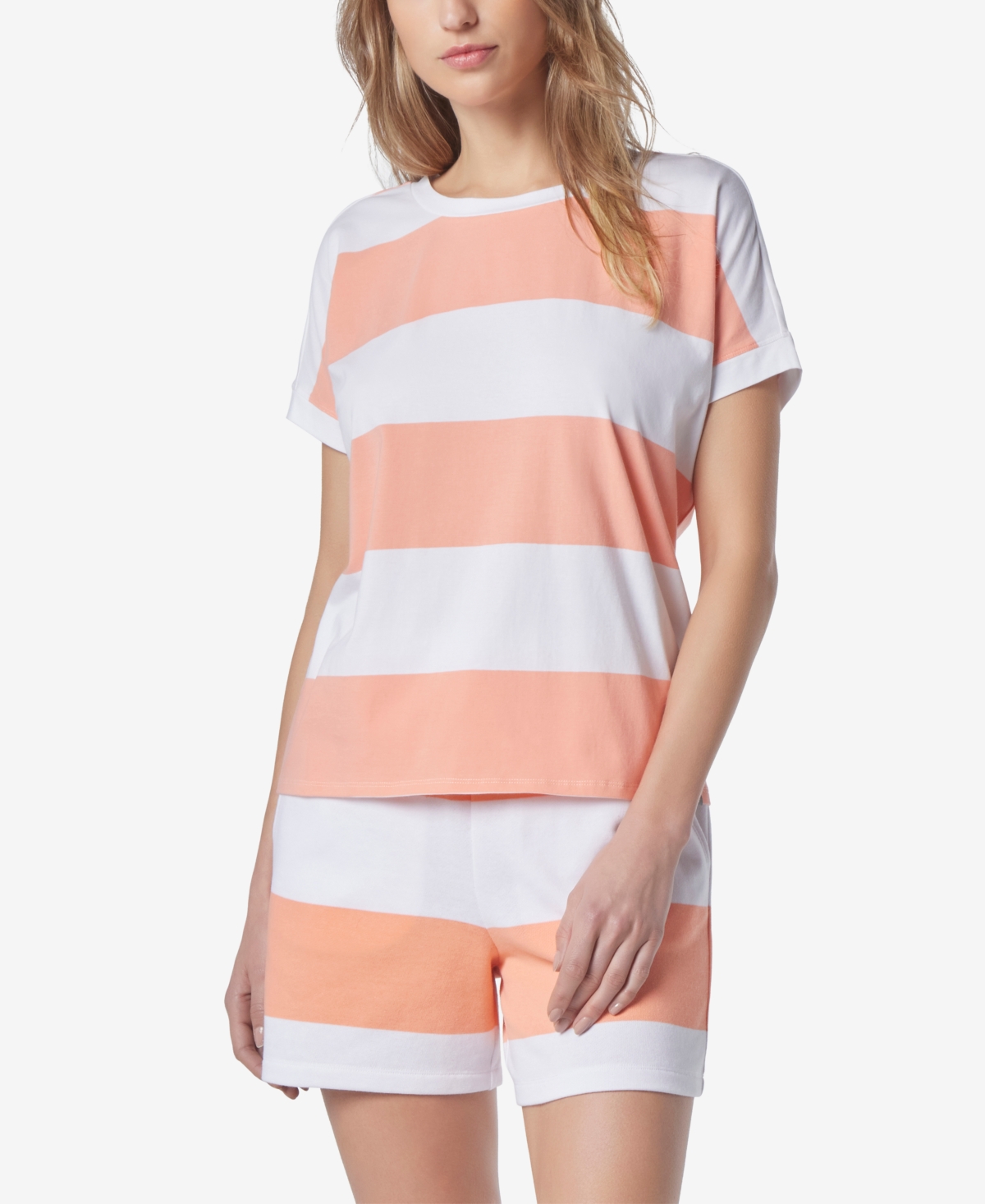 Marc New York Andrew Marc Sport Women's Rugby Stripe Short Sleeve T-shirt In Guava