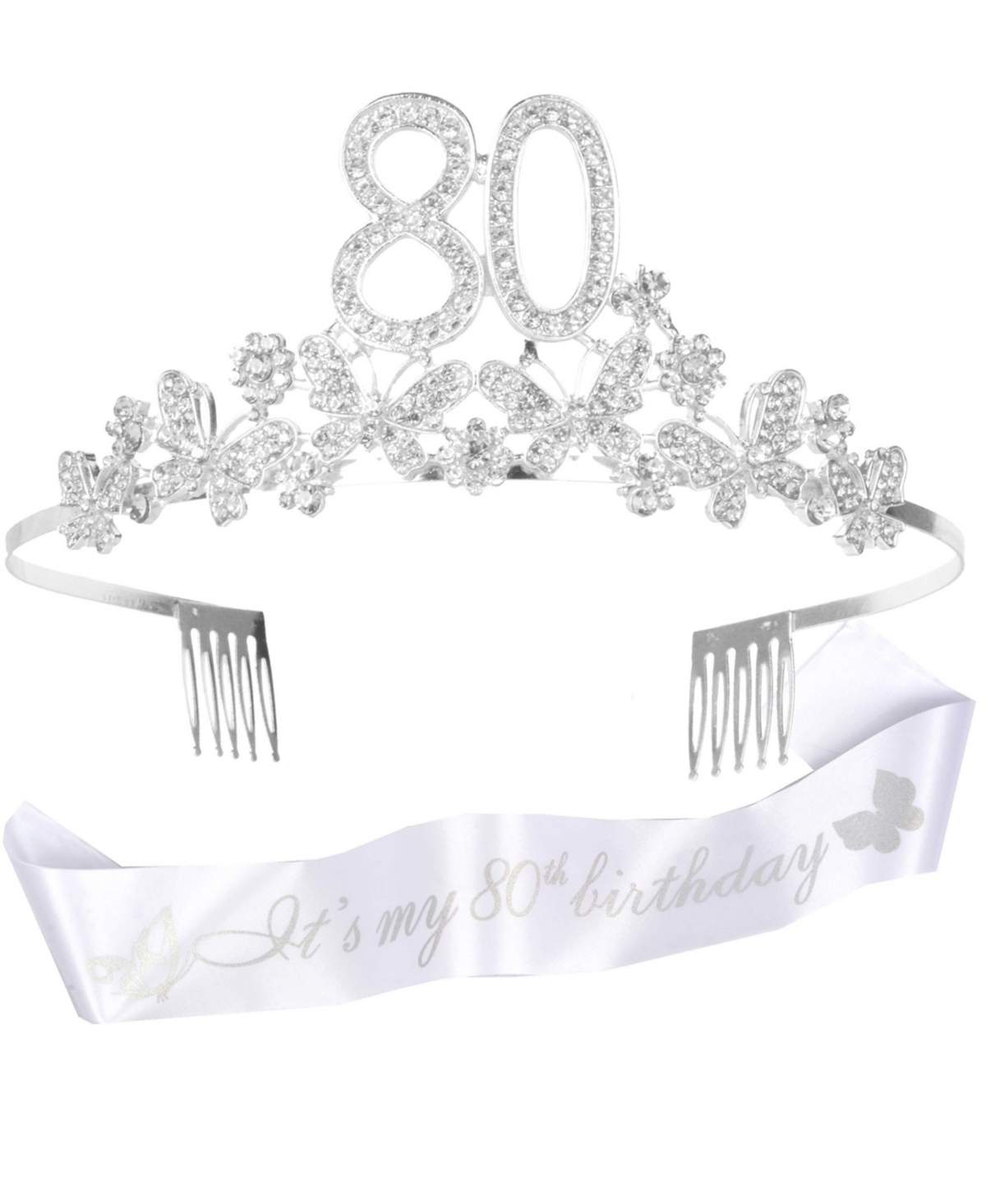 Doradreamdeko 80th Birthday Sash and Tiara for Women - Fabulous Glitter Sash + Butterflies Rhinestone Silver Premium Metal Tiara for Her, 80th Birthda