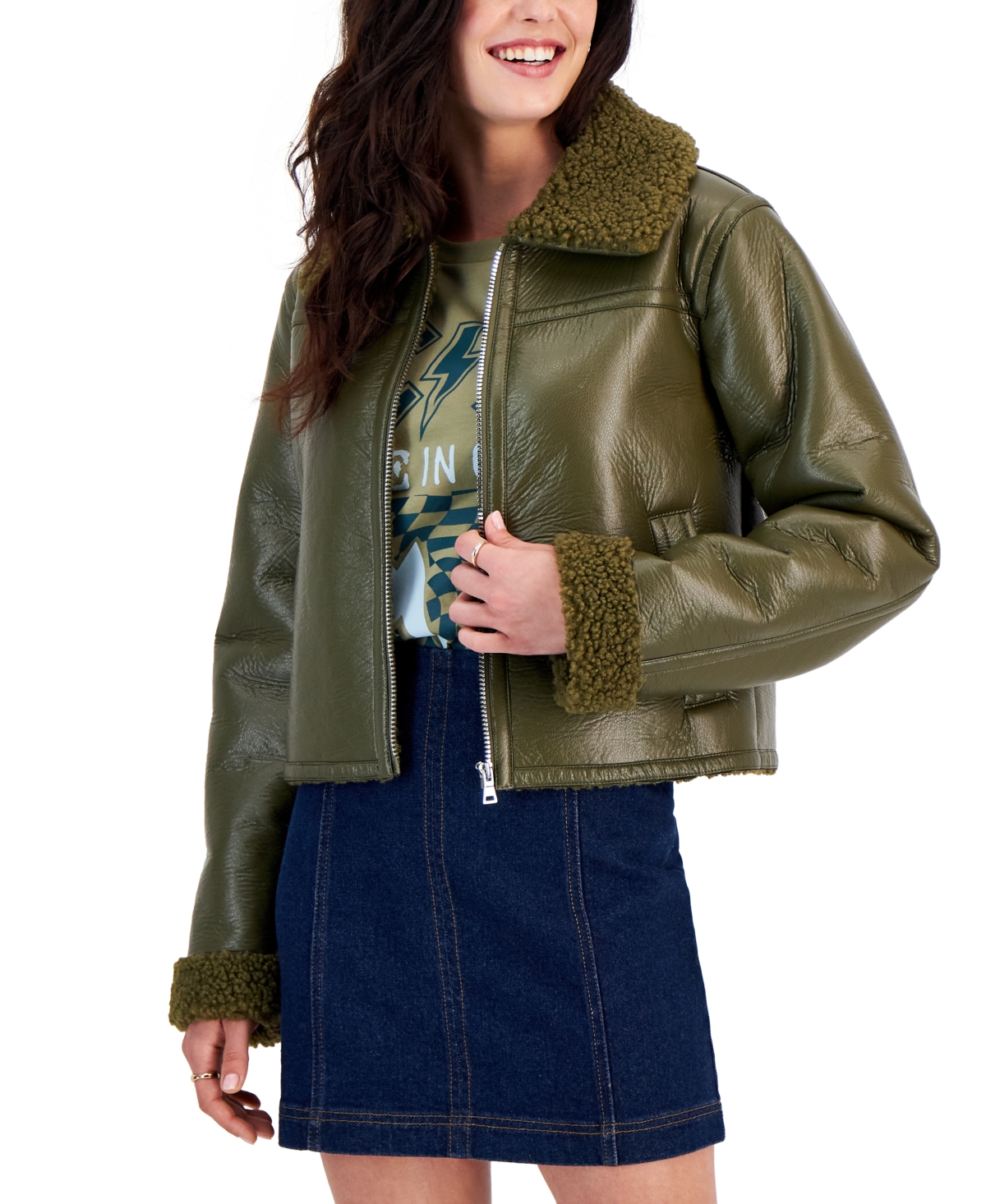 Juniors' Cropped Faux-Leather Jacket - Olive
