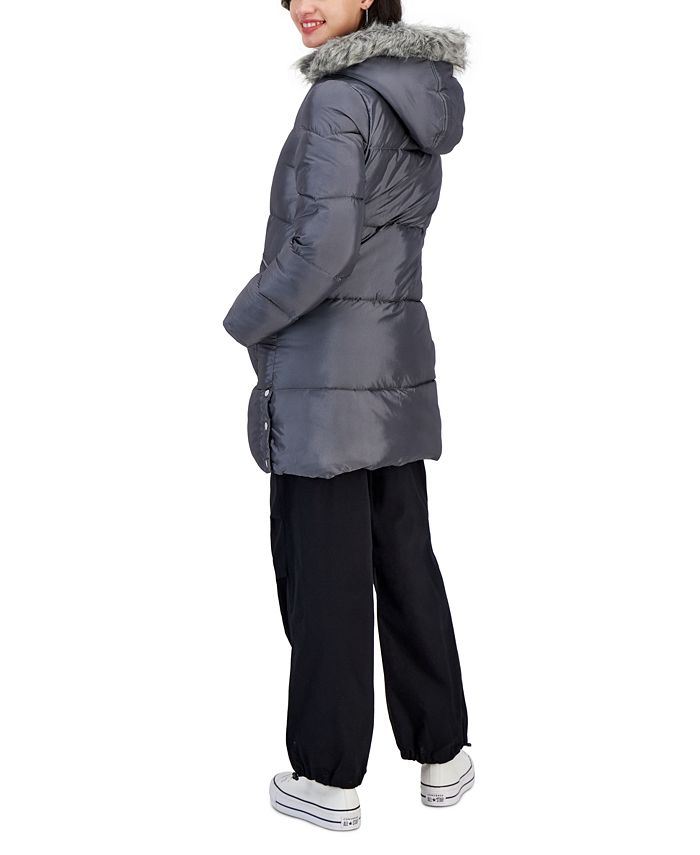 Maralyn & Me Juniors' Faux-Fur-Trim Hooded Coat Gray Size 2 Extra Large main image 1