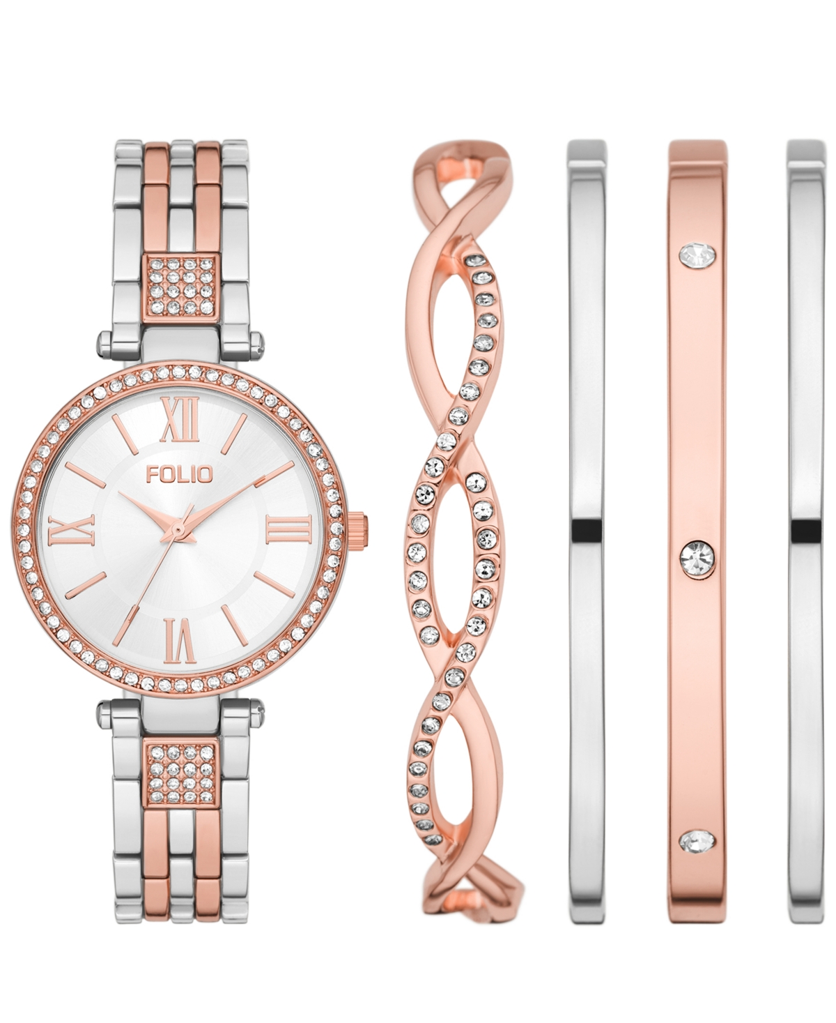 Women's Three Hand Two-Tone 34mm Watch and Bracelet Gift Set, 5 Pieces - Two Tone