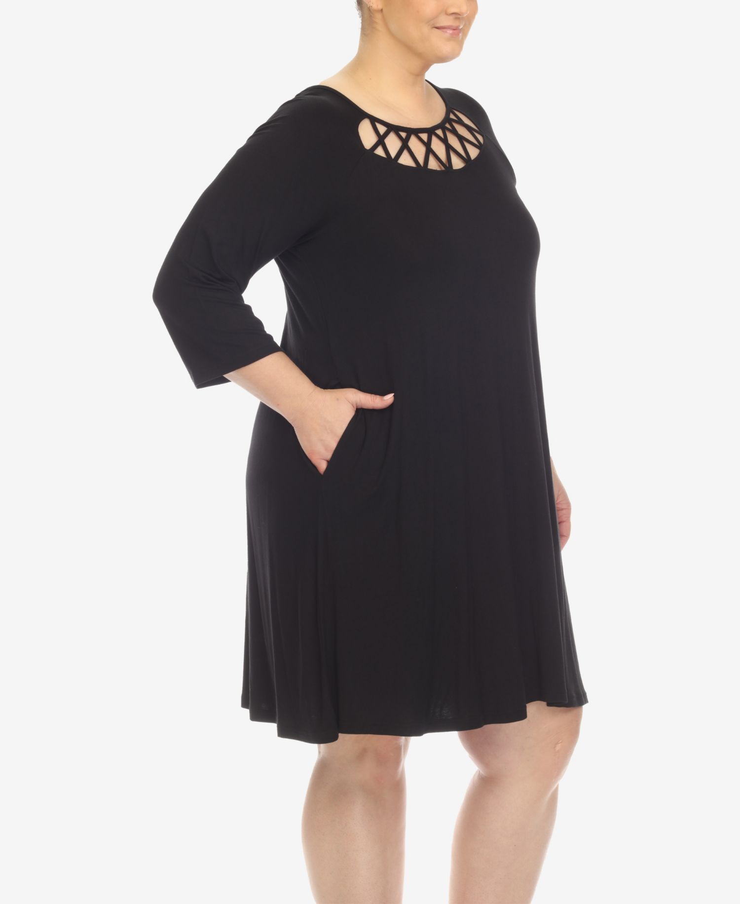 Plus Size Criss Cross Neckline 3/4 Sleeve Swing Dress