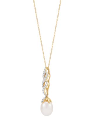 Cultured Freshwater Pearl (8mm) & Diamond (1/6 ct. t.w.) Twist 18" Pendant Necklace in 10k Gold