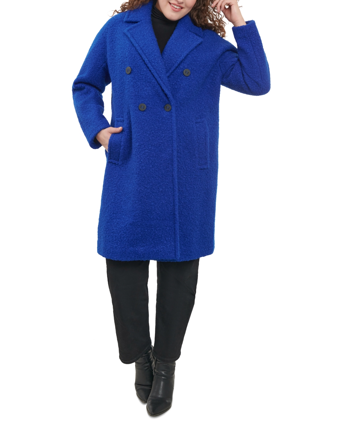 Women's Plus Size Double-Breasted Boucle Walker Coat, Created for Macy's - Royal Blue