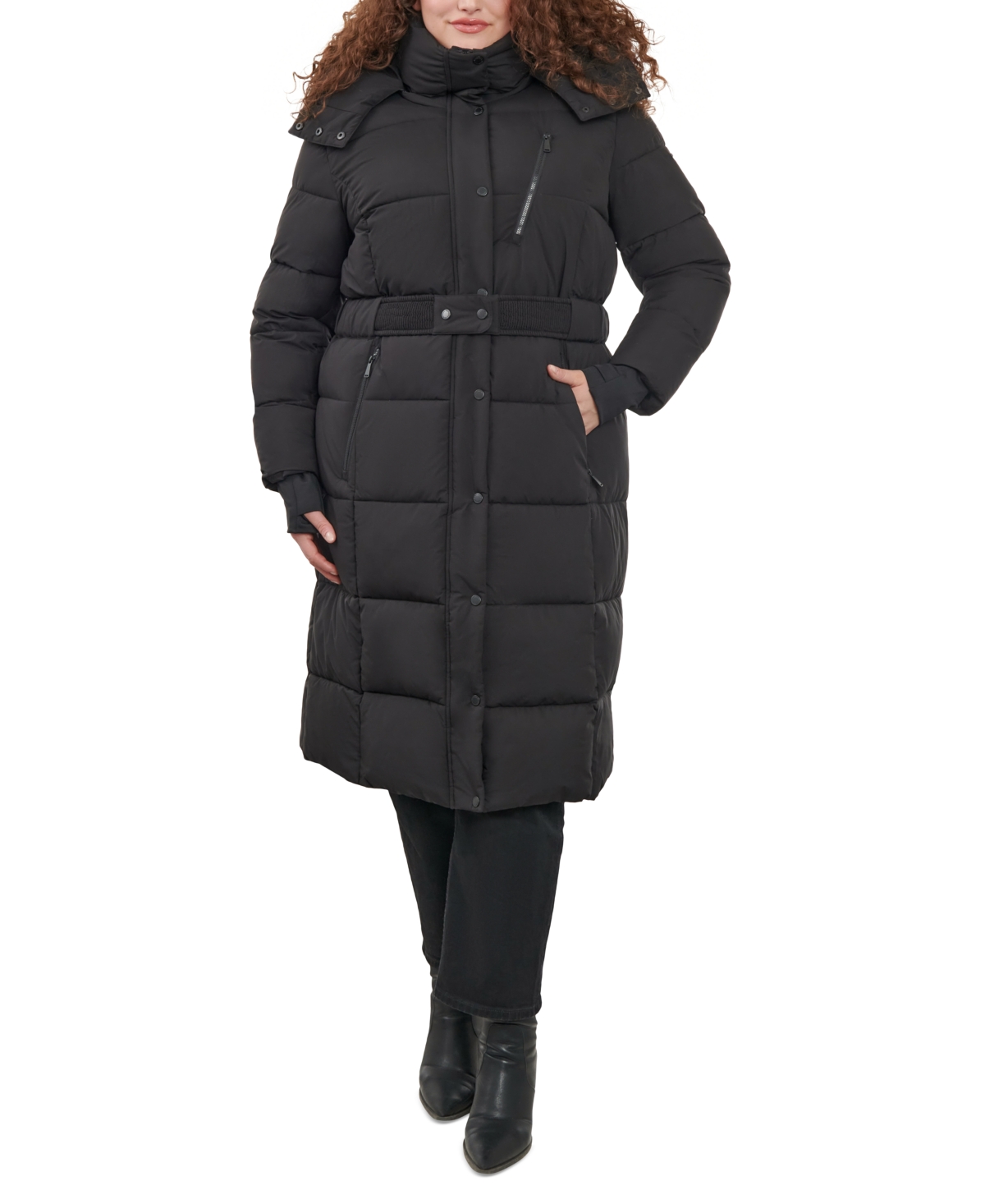Women's Plus Size Belted Hooded Puffer Coat - Emerald