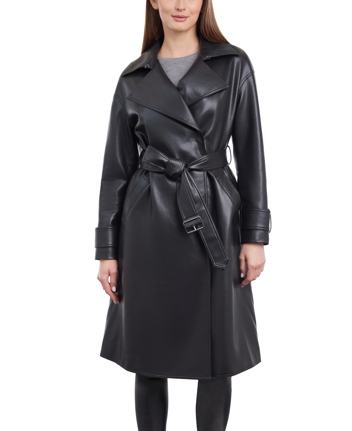 Women's Petite Faux-Leather Belted Trench Coat - Black