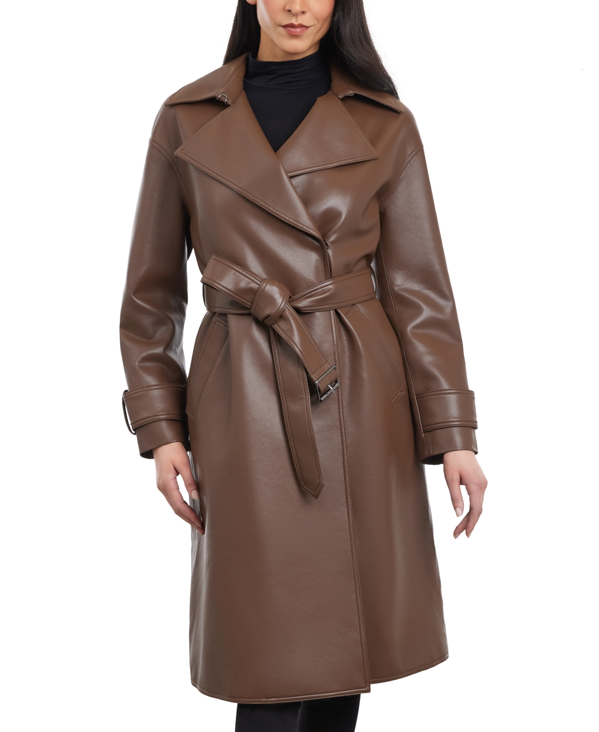 Women's Faux-Leather Belted Trench Coat - Cocoa