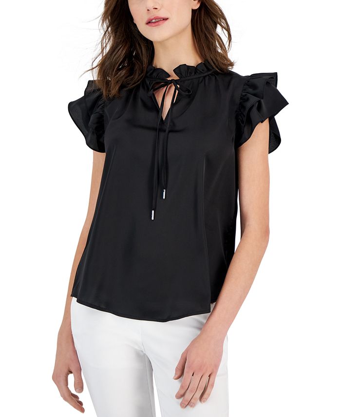 Anne Klein Women s Ruffle Sleeve Split Neck Blouse Macy s