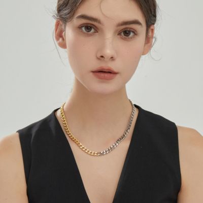 Two-Tone Stainless Steel Chain Necklace with Gold & Silver Links and Toggle Clasp