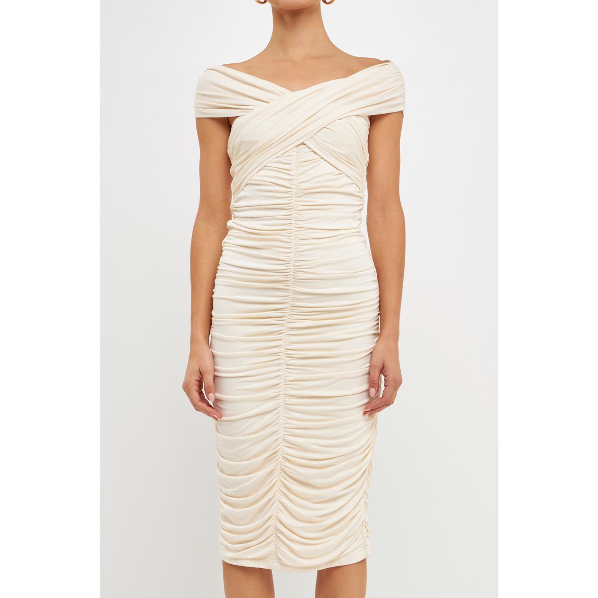 Endless Rose Off The Shoulder Ruched Midi Dress In Cream