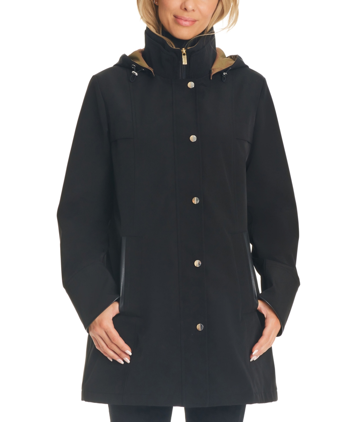Jones New York Women's Two-tone Hooded Raincoat In Black,taupe